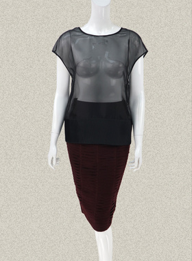 奈CO 正品 半透视欧根纱包肩牙签条细褶拼接女夏上衣罩衫5D462903