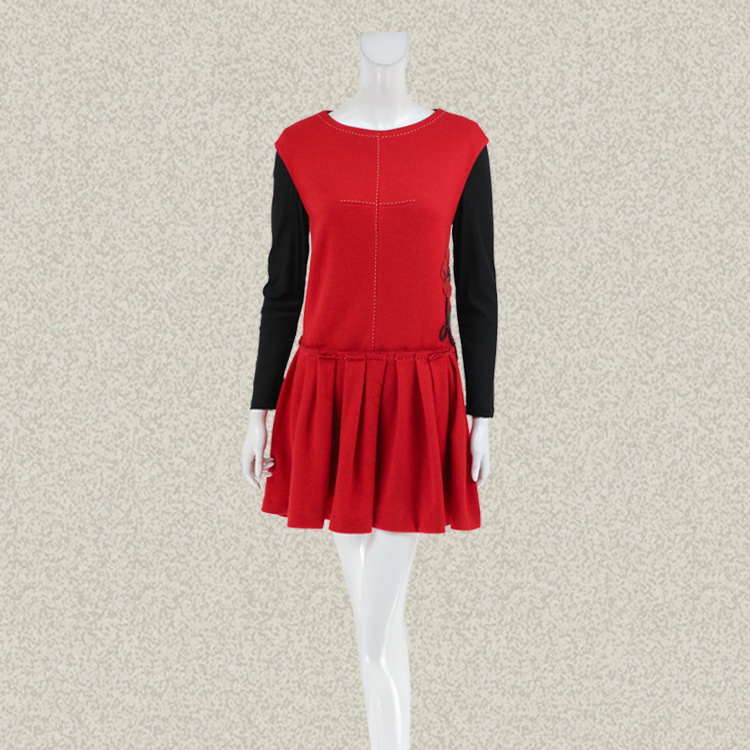 新!邦BUOU 红黑拼色贴布绣减龄女冬春假两件羊毛呢连衣裙 G229