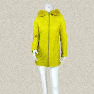女冬春菱形格钉珠兔毛领连帽中长羽绒服YA727 清仓 正品 728 fon