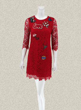 新!森系列E*by E*INO意大利提花蕾丝绣花女夏季红色连衣裙1FB32V1