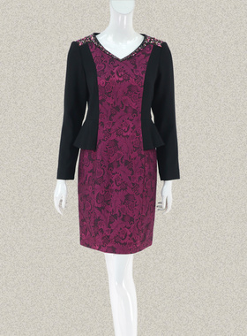 爱珂菲EAACPP 正品提花蕾丝钉珠镶钻拼色女春秋轻奢连衣裙EE35057