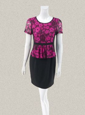 新!蕾DOW 正品 甜美提花蕾丝拼色假两件女夏针织连衣裙L5SB14022