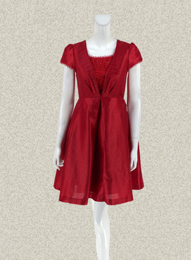 新!邦BUOU 正品 精致钉珠钻蕾丝拼接红色淑女春夏大摆连衣裙 G055