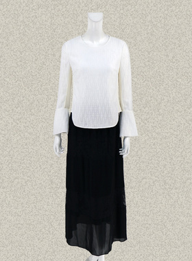 新!卡迪DL 正品 两用喇叭袖清新白色提花套头女春秋上衣AHA231001