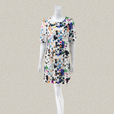 蕾DOW 正品 水彩风印花圆领五分袖清新女夏梭织连衣裙 L5PB14018