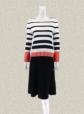 卡迪DL 正品 黑白粉条纹拼色喇叭袖口女春夏秋套头针织衫 F200200