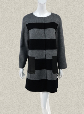 新!玛*曼可 正品 雅致拼色女冬春全羊毛双面呢中长外套M15CA16278