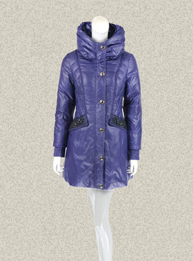 钡家 正品 保暖两用领钉珠修身女冬中长白鸭绒蓝紫色羽绒服 3102
