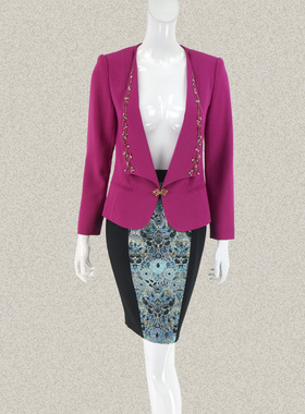 爱珂菲EAACPP 正品 翻领镶钻女秋冬甜美玫红修身短外套EF17006