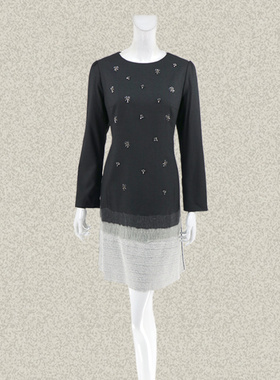 新!邦B*OU  珠钻点缀格子提花拼色雅致灰色淑女春秋连衣裙 G431