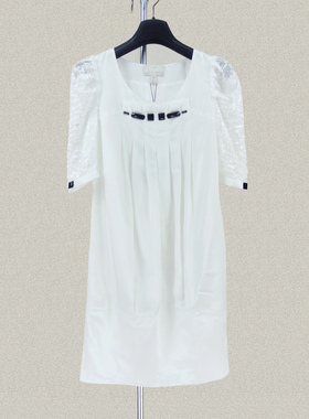 CYC 正品 半透小流苏提花拼色羊腿袖白色女夏秋H型短款连衣裙4182