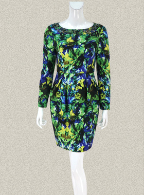 新!爱珂菲yidian 正品精致钉钻绿色大花女冬春针织连衣裙DF35225Y