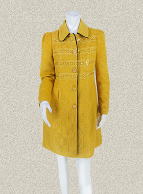钡家 正品 水溶花边亮片蕾丝拼姜黄女秋冬薄呢中长呢大衣13W342S