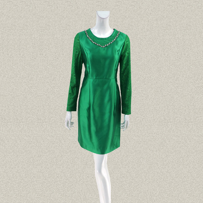 新!爱珂菲EAACPP正品精致钉钻蕾丝拼绿色轻熟女春秋连衣裙EM15068