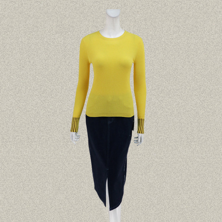 F佛 正品 拼色条纹提花圆领高弹力糖果色女春秋针织衫打底衫00033
