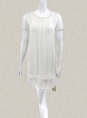 调仓清仓!蕾DOW 钉珠亮片镂空钩花女夏季白色雪纺连衣裙L5SC34001