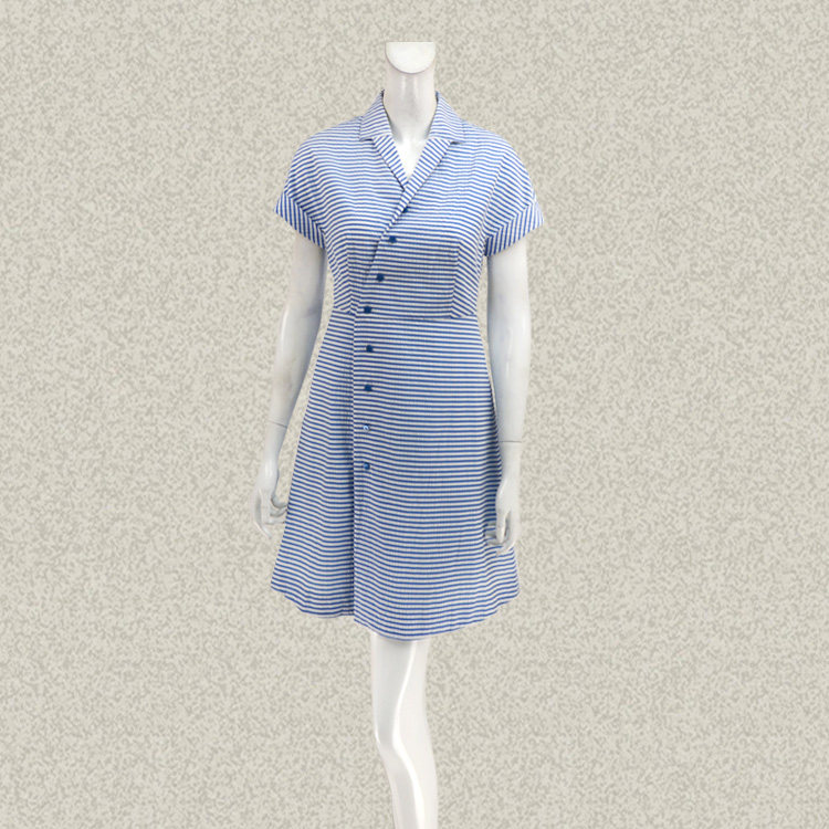 卡迪DL 正品 清新蓝白条纹不对称系扣OL女夏秋开襟连衣裙 601800