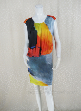 搬迁清仓150减50!玛*曼可 正品女夏拼色印花无袖连衣裙M12BA15059