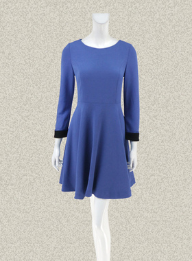 邦BUOU 正品 拼色雅致蓝色收腰大摆OL女春秋提花弹力连衣裙 G375