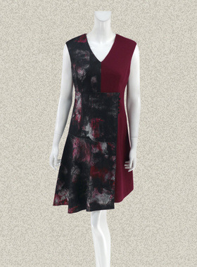 新!邦BUOU 印花蕾丝不对称拼色女春秋无袖全羊毛连衣裙背心裙G205