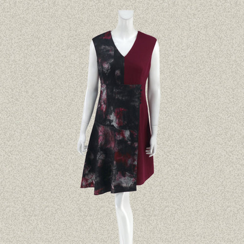 新!邦BUOU 印花蕾丝不对称拼色女春秋无袖全羊毛连衣裙背心裙G205