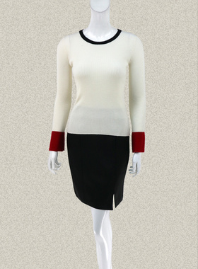 凯伦诗karenshen正品 红白黑拼色女秋冬全羊毛针织衫 KTKC18112