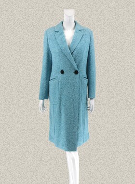 卡迪DL 正品 清新水蓝双排扣女秋冬羊毛呢大衣毛呢长外套C154H089