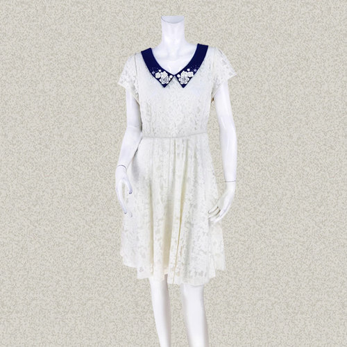 C*fon 正品 拼色娃娃领绣花钉珠亮片OL淑女清新蕾丝连衣裙 LD191
