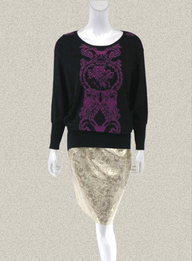 新!爱珂菲EAACPP 正品 提花烫钻蝙蝠袖女秋冬全羊毛针织衫EF36036