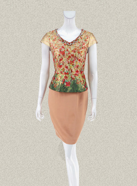 新!爱珂菲 正品 印花镶钻假两件女夏秋桑蚕丝拼接连衣裙 DE25172