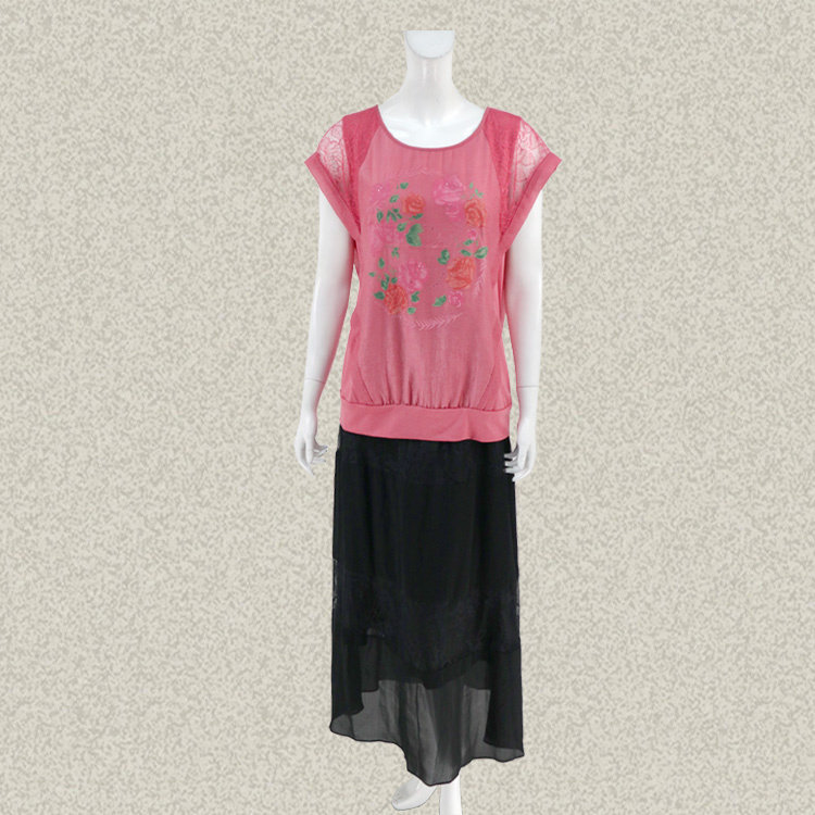 新!裘TN 正品 印花镶钻蕾丝针梭拼桑蚕丝衬里女夏针织上衣 31067A