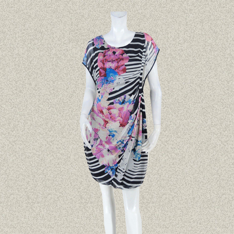 裘TN 正品 甜美条纹大花印花不对称褶皱女夏桑蚕丝连衣裙 421167E