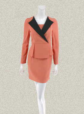 新!丝fu卡 正品 撞色翻领假两件甜美橙色OL女春秋长袖连衣裙16002