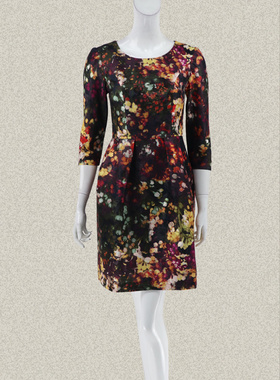 新!裘TN 正品 夹亮丝提花印花七分袖女春秋修身梭织连衣裙61180E1