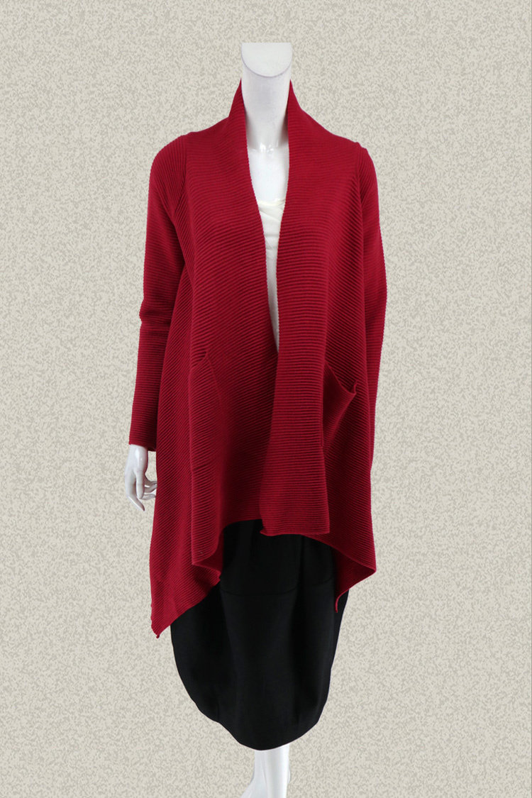新!尚MORE 正品 贴袋无扣提花女冬红色羊毛针织披肩开衫 SRWCM037