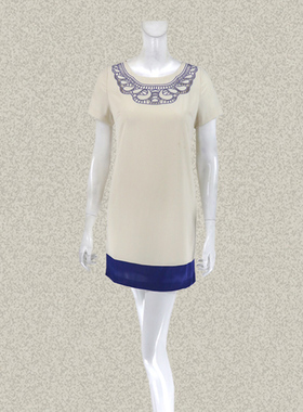 丝fu卡 正品 镂空撞色绣花H型清新减龄女夏秋短袖连衣裙 280610