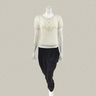 饰女夏秋透气两件套上衣 钉珠亚克力欧根纱贴布装 429 正品 JH风