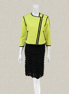 JH风 正品 撞色镶边清新黄色偏襟拉链女春秋七分袖短上衣 JA506