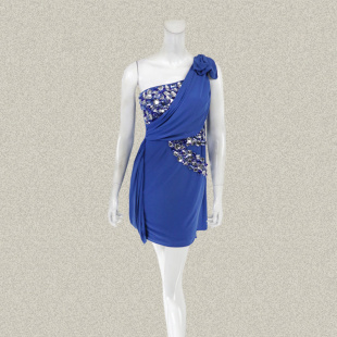 CYC 单肩飘带蝴蝶结亚克力钉珠兰色女夏弹力针织连衣裙礼服裙6069