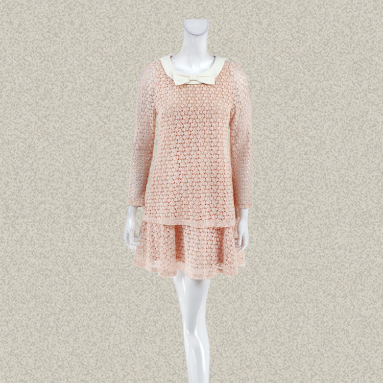 季H风 正品 蝴蝶结饰镂空绣花蕾丝假两件淑女春夏连衣裙三色LA113