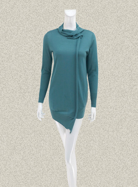 法路INA 正品 堆堆领不对称拼接蓝色女春秋全羊毛针织衫毛衫 9502