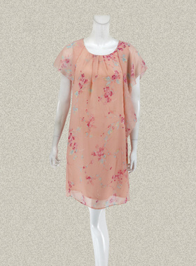 丝fu卡 正品 不对称荷叶袖甜美粉橙碎花女春夏雪纺连衣裙 180140