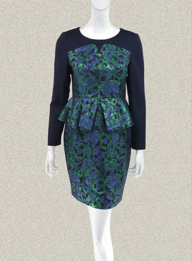 新!爱珂菲EAACPP 正品 亮丝提花拼色女春秋假两件连衣裙EM35047Y