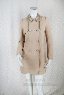 烫金钉珠娃娃领双排扣女冬春中长外套杏色风衣FA607 正品 fon