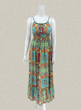 JH风 正品 清新印花松紧腰度假风女夏长款雪纺连衣裙吊带裙 LD132