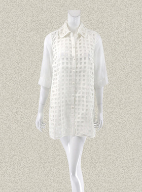 裘TN 正品 镂空绣花格子欧根纱拼接七分袖白色女春夏长外套41168A