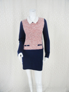 正品 FON 可脱卸娃娃领提花毛织拼纯色针织女秋冬连衣裙TA323 惠