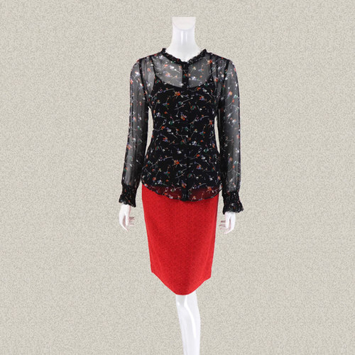 尚MORE 正品 雅致碎花印花木耳边两件套女春秋桑蚕丝上衣SRICC063