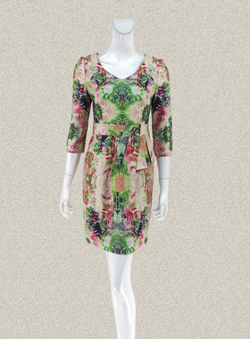 爱珂菲EAACPP 夹亮丝水彩风印花七分袖女春夏秋连衣裙 EE35086Y