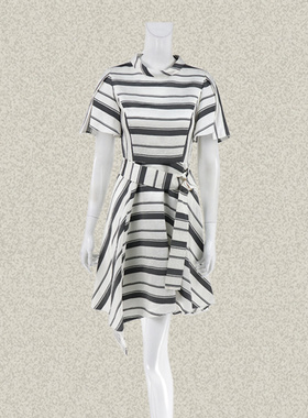 F*RRO G*ANO 正品 雅致条纹不对称女夏粘纤亚麻连衣裙 FE2E698W02